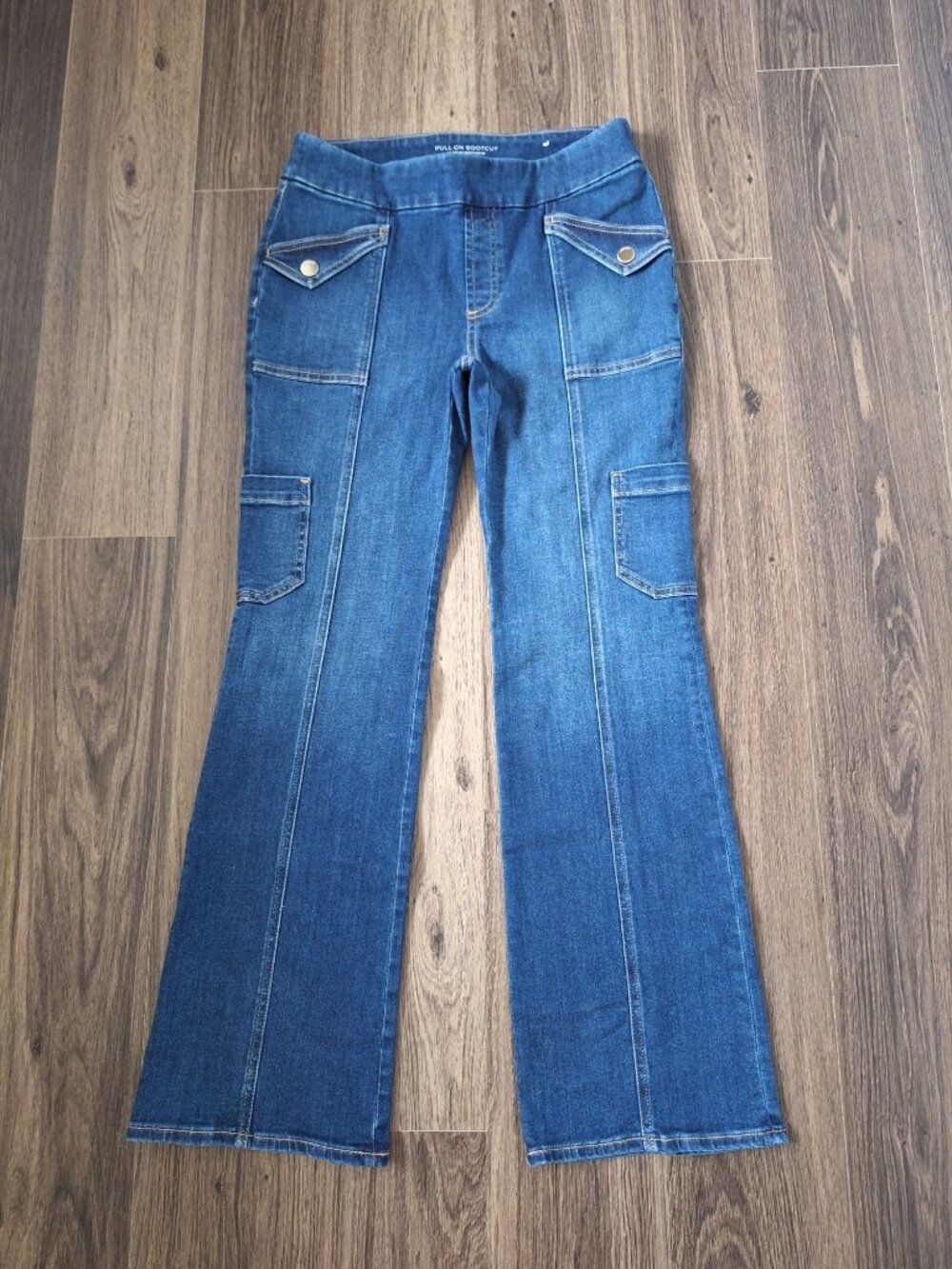 💙 Chico's Pull On Bootcut Jeans Size 4R Waist 28/29 Blue Stretch Cargo Pocket D